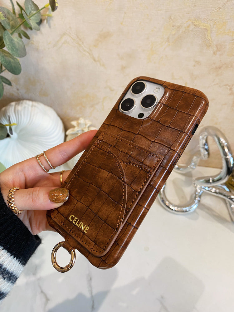 Alligator Print Celine iPhone Case With Card Holder And Strap Brown -EYP241415 mysite