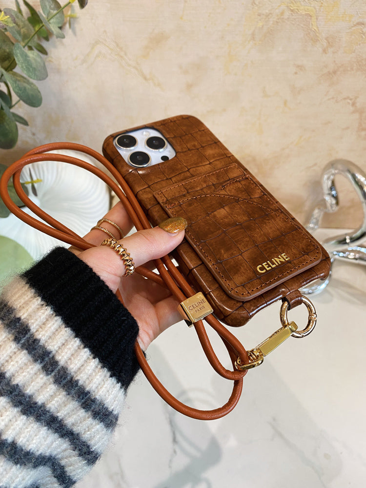 Alligator Print Celine iPhone Case With Card Holder And Strap Brown -EYP241415 mysite