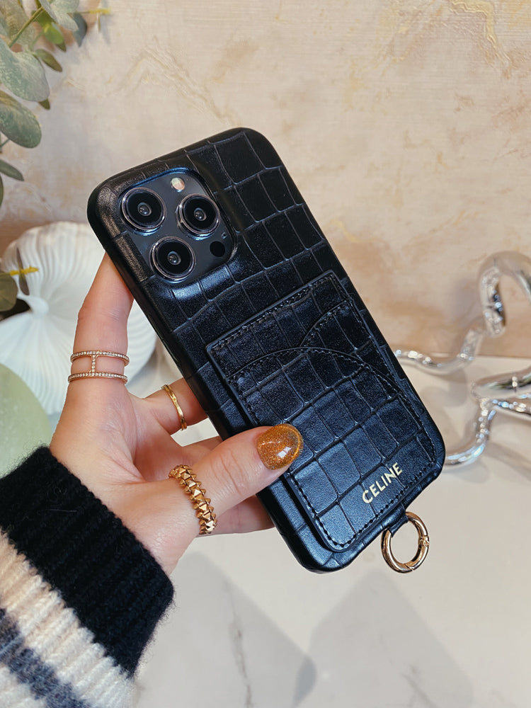 Alligator Print Celine iPhone Case With Card Holder And Strap Blcak -EYP241415 mysite