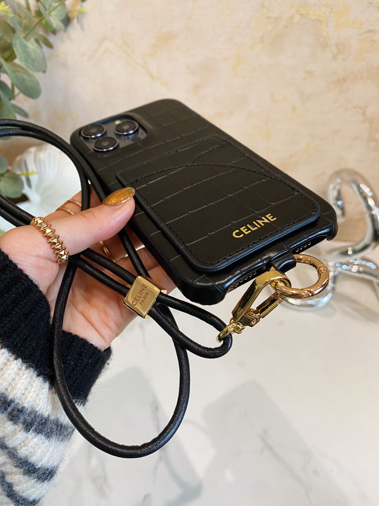 Alligator Print Celine iPhone Case With Card Holder And Strap Blcak -EYP241415 mysite