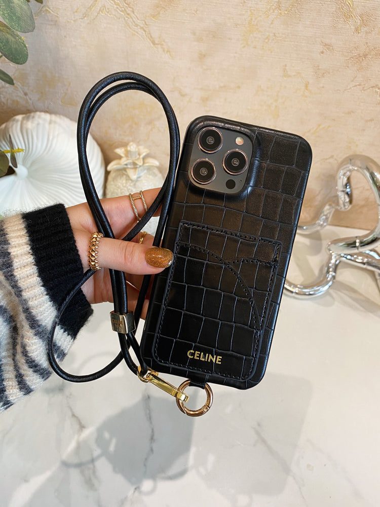 Alligator Print Celine iPhone Case With Card Holder And Strap Blcak -EYP241415 mysite