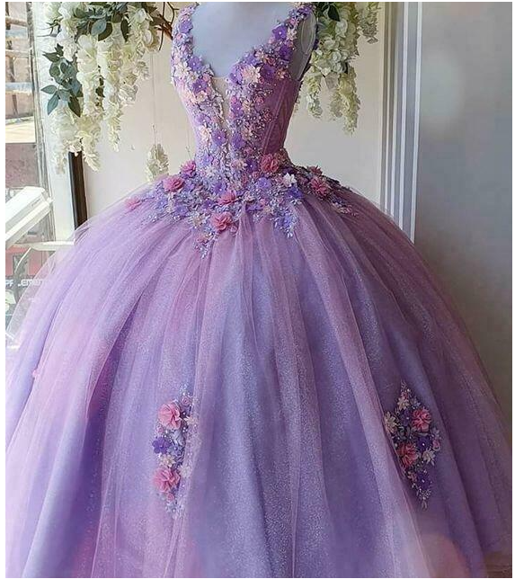 Princess Tulle Long Prom Dress with Flower,Ball Gowns Quinceanera Dressess mysite