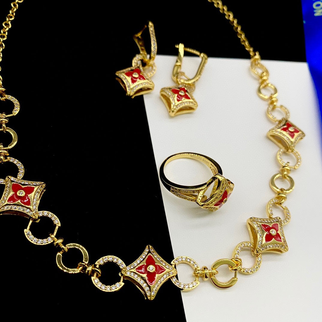 Diamond Red Clover Flower Jewelry Set mysite