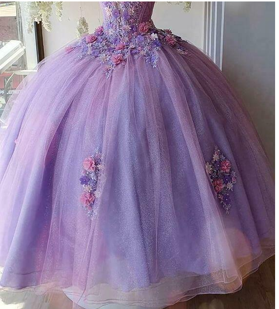 Princess Tulle Long Prom Dress with Flower,Ball Gowns Quinceanera Dressess mysite
