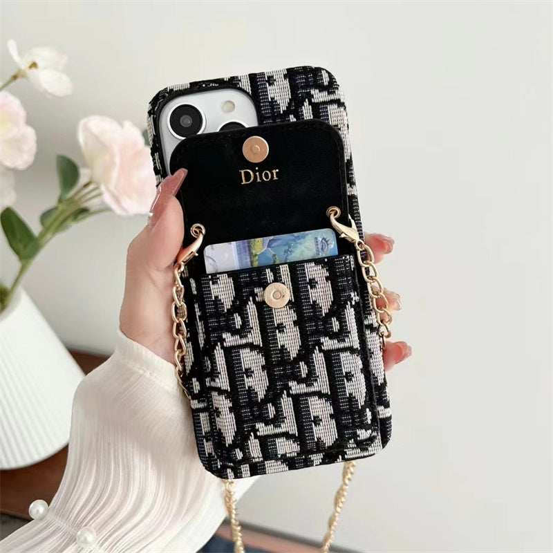 Dior Luxury iPhone Case with Chain, Card Slot, and Metal Logos mysite