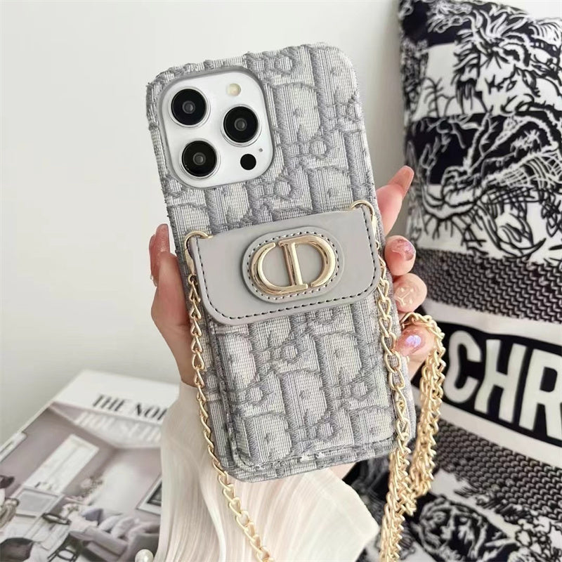 Dior Luxury iPhone Case with Chain, Card Slot, and Metal Logos mysite