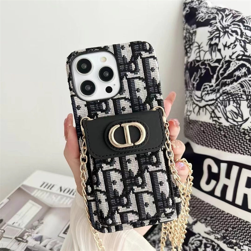 Dior Luxury iPhone Case with Chain, Card Slot, and Metal Logos mysite