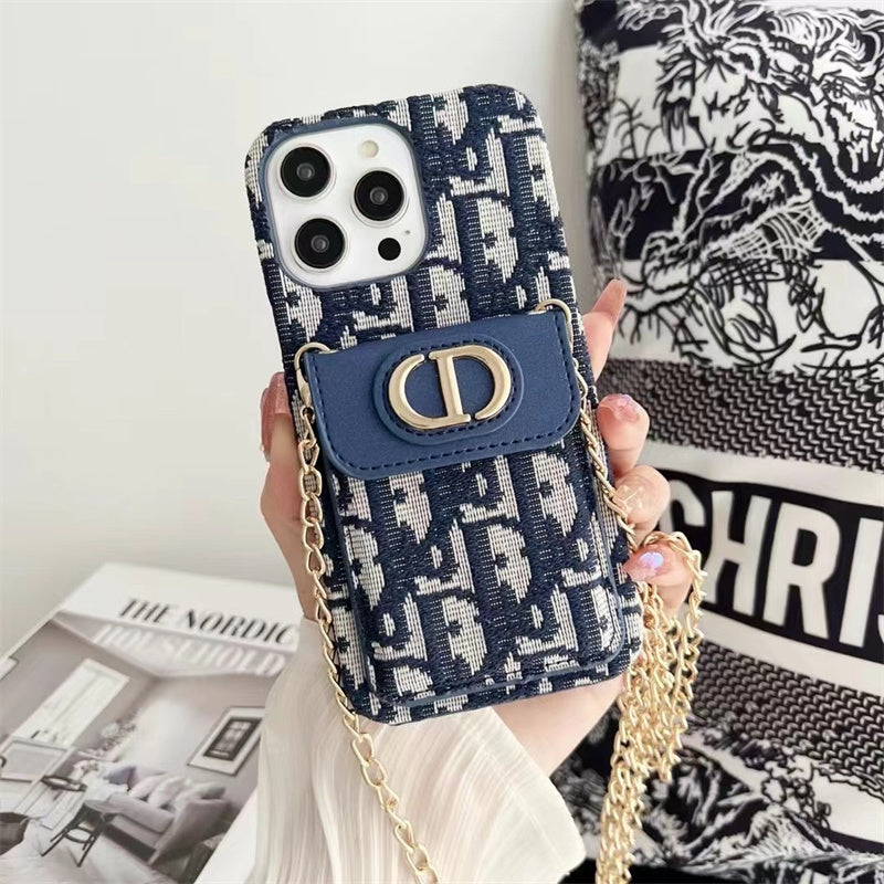 Dior Luxury iPhone Case with Chain, Card Slot, and Metal Logos mysite