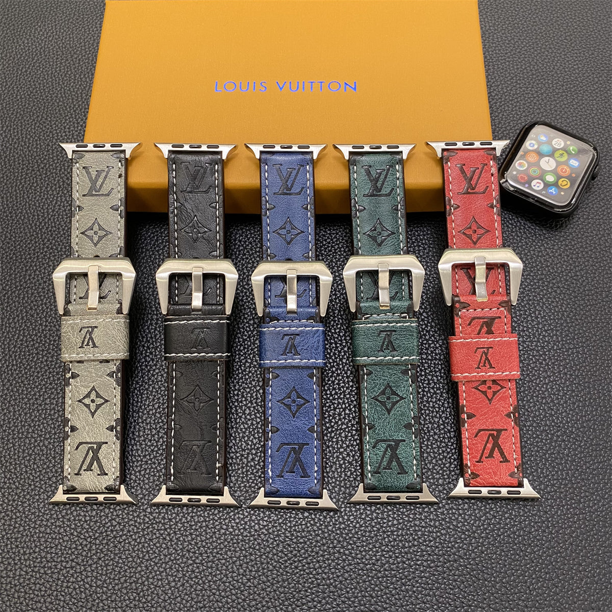 Leather Monogram Apple Watch Bands Leather Blue-YH24422 mysite