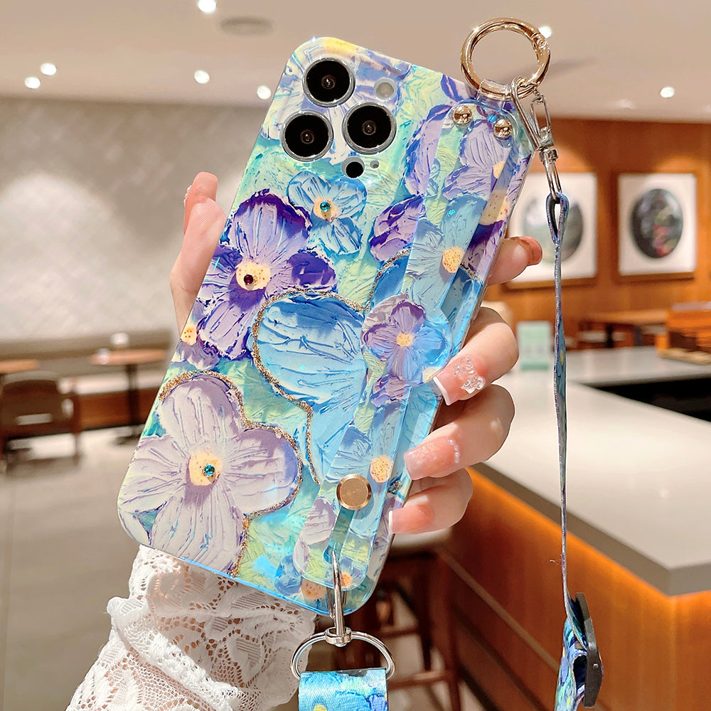 Purple Oil Painting Flower Wristband Holder with Lanyard iPhone Case mysite