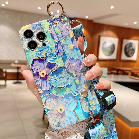 Purple Oil Painting Flower Wristband Holder with Lanyard iPhone Case mysite