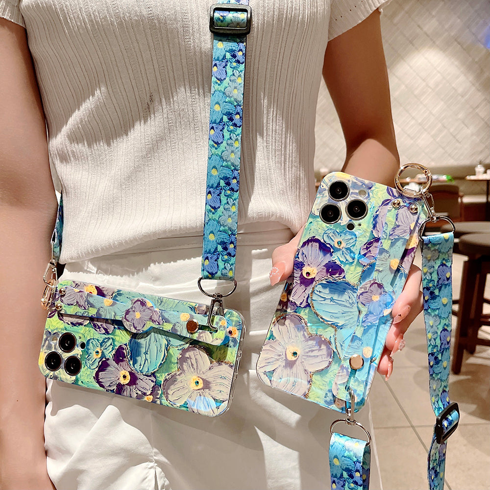 Purple Oil Painting Flower Wristband Holder with Lanyard iPhone Case mysite