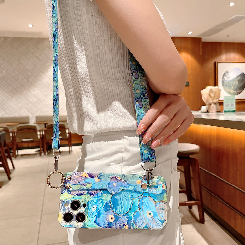 Purple Oil Painting Flower Wristband Holder with Lanyard iPhone Case mysite