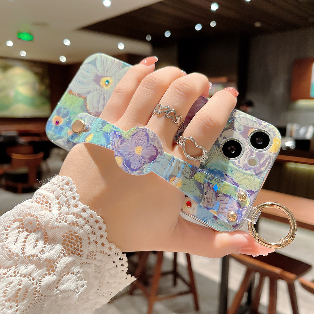 Purple Oil Painting Flower Wristband Holder with Lanyard iPhone Case mysite