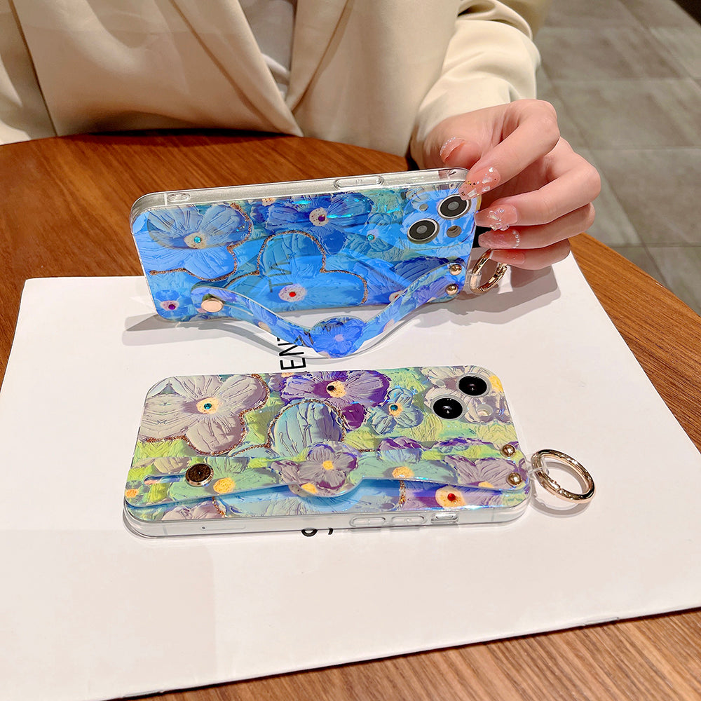 Purple Oil Painting Flower Wristband Holder with Lanyard iPhone Case mysite