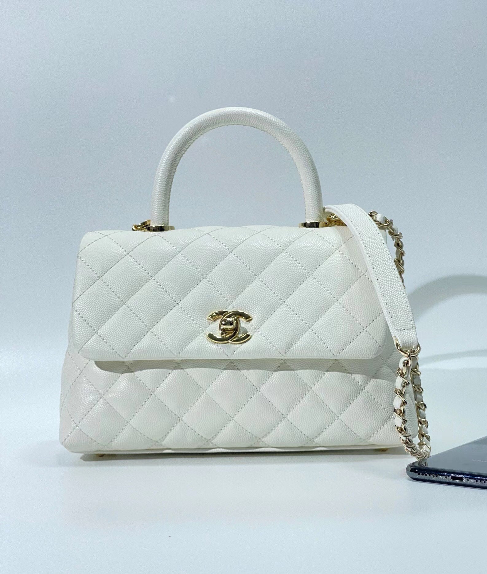 coco handle flap bag 23cm white quilted caviar light gold hardware mysite