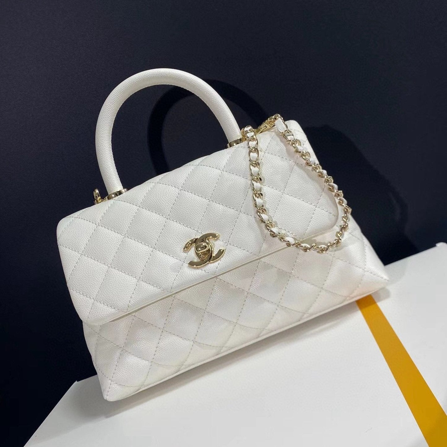 coco handle flap bag 23cm white quilted caviar light gold hardware mysite