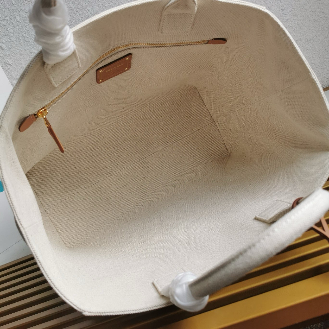 Prada Whitte Canvas shopping bag leather trim mysite