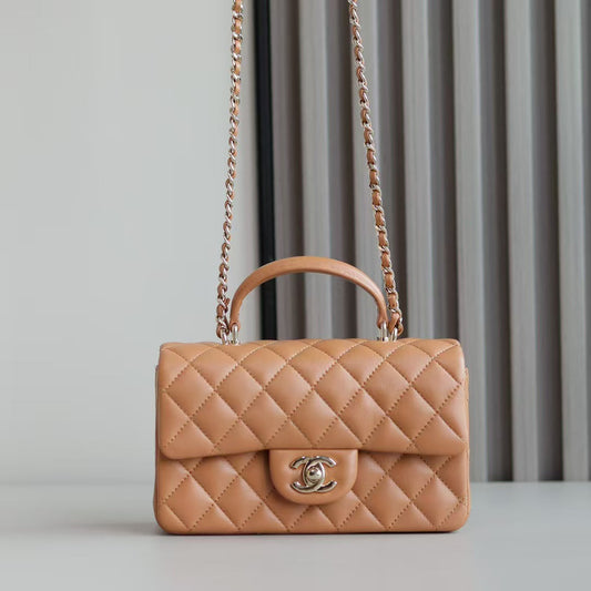 Mini Flap Bag With Top Handle 20cm Brown Lambskin Light Gold Hardware mysite