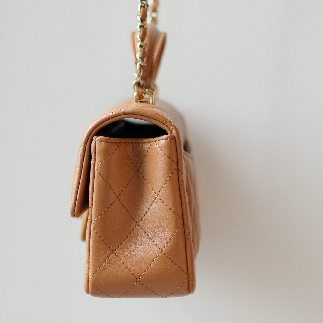 Mini Flap Bag With Top Handle 20cm Brown Lambskin Light Gold Hardware mysite