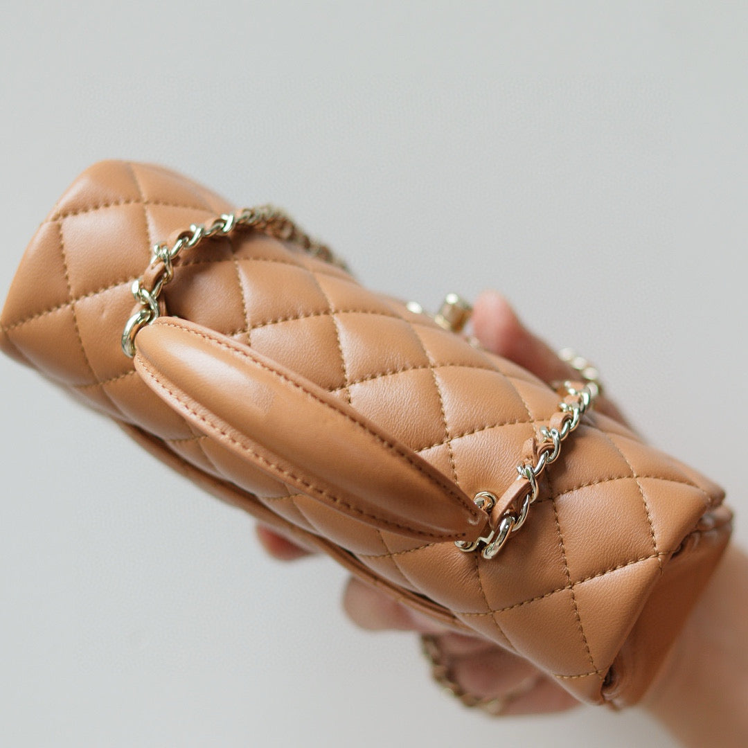 Mini Flap Bag With Top Handle 20cm Brown Lambskin Light Gold Hardware mysite