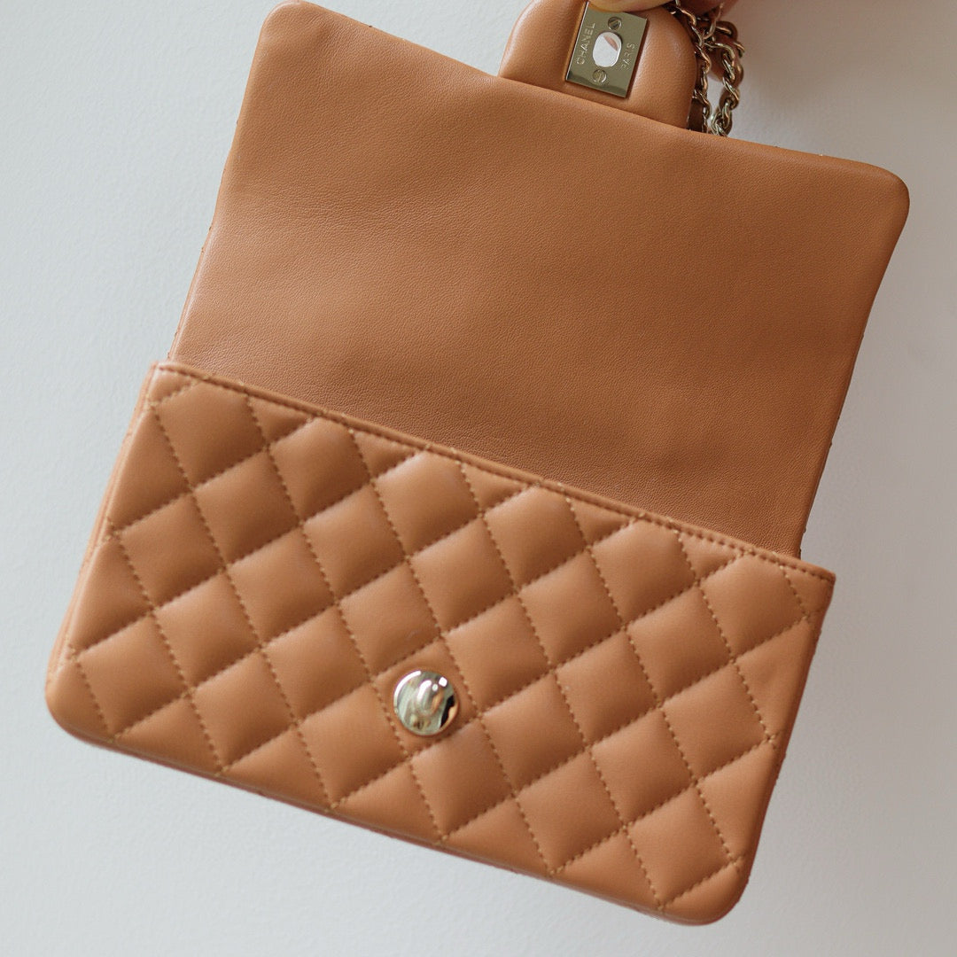 Mini Flap Bag With Top Handle 20cm Brown Lambskin Light Gold Hardware mysite