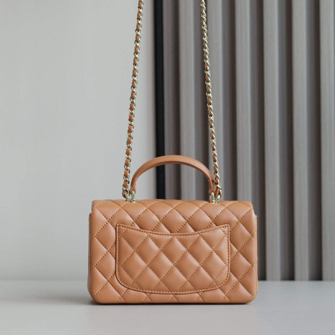 Mini Flap Bag With Top Handle 20cm Brown Lambskin Light Gold Hardware mysite