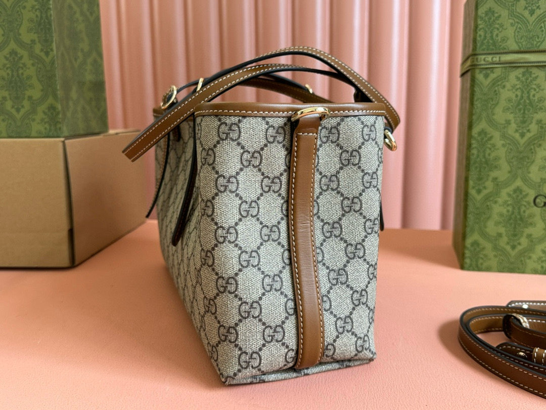 Gucci GG Emblem Small Tote Bag Beige Ebony Leather mysite