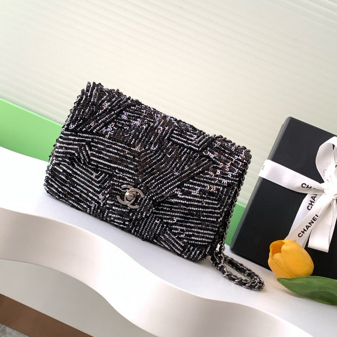 24K Flap Bag 20cm Sequin Black mysite