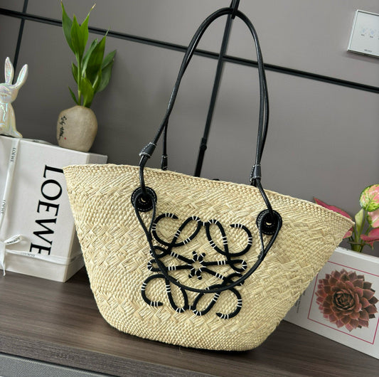 Loew Anagram Basket 46cm Beige Raffia Black Calfskin mysite