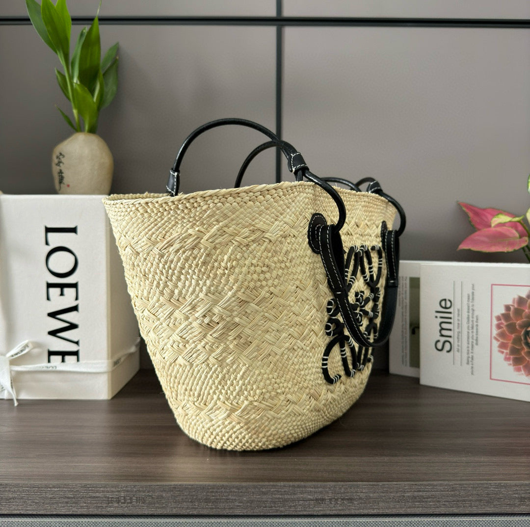 Loew Anagram Basket 46cm Beige Raffia Black Calfskin mysite