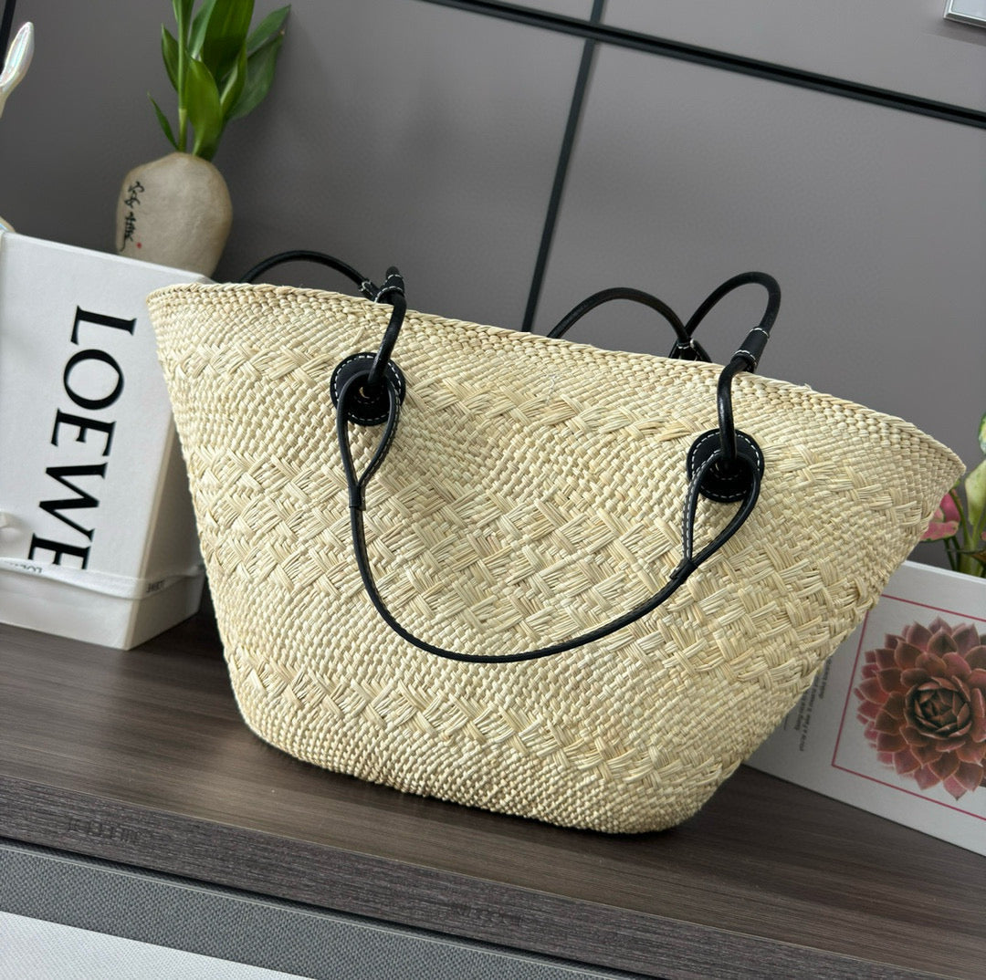 Loew Anagram Basket 46cm Beige Raffia Black Calfskin mysite