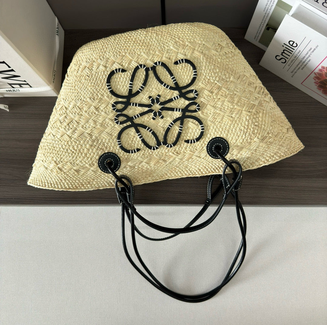 Loew Anagram Basket 46cm Beige Raffia Black Calfskin mysite