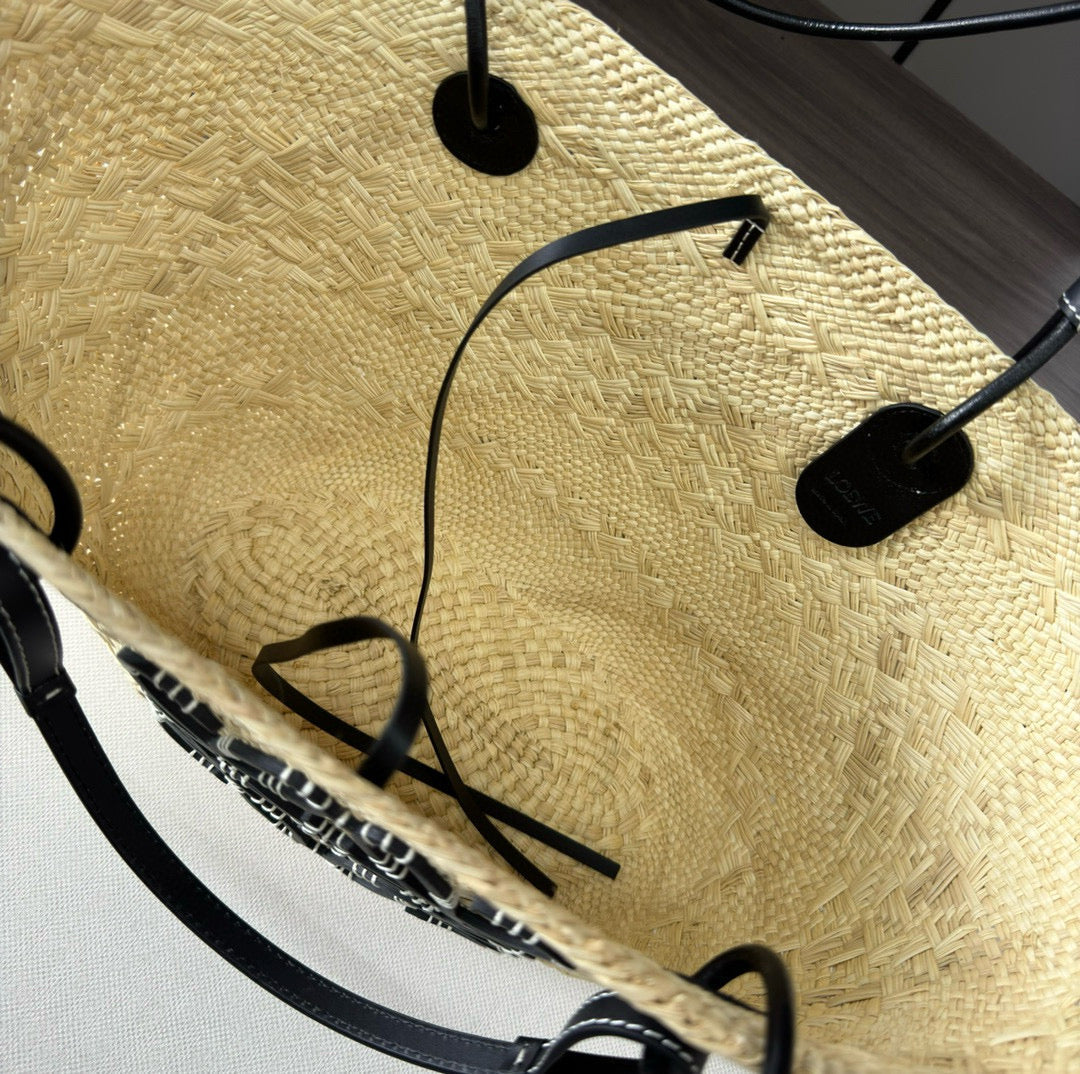 Loew Anagram Basket 46cm Beige Raffia Black Calfskin mysite