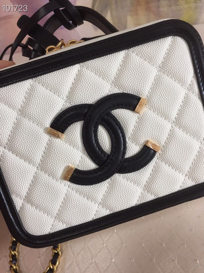 CC Filigree Vanity Case Bag Black White Quilted Caviar Leather mysite