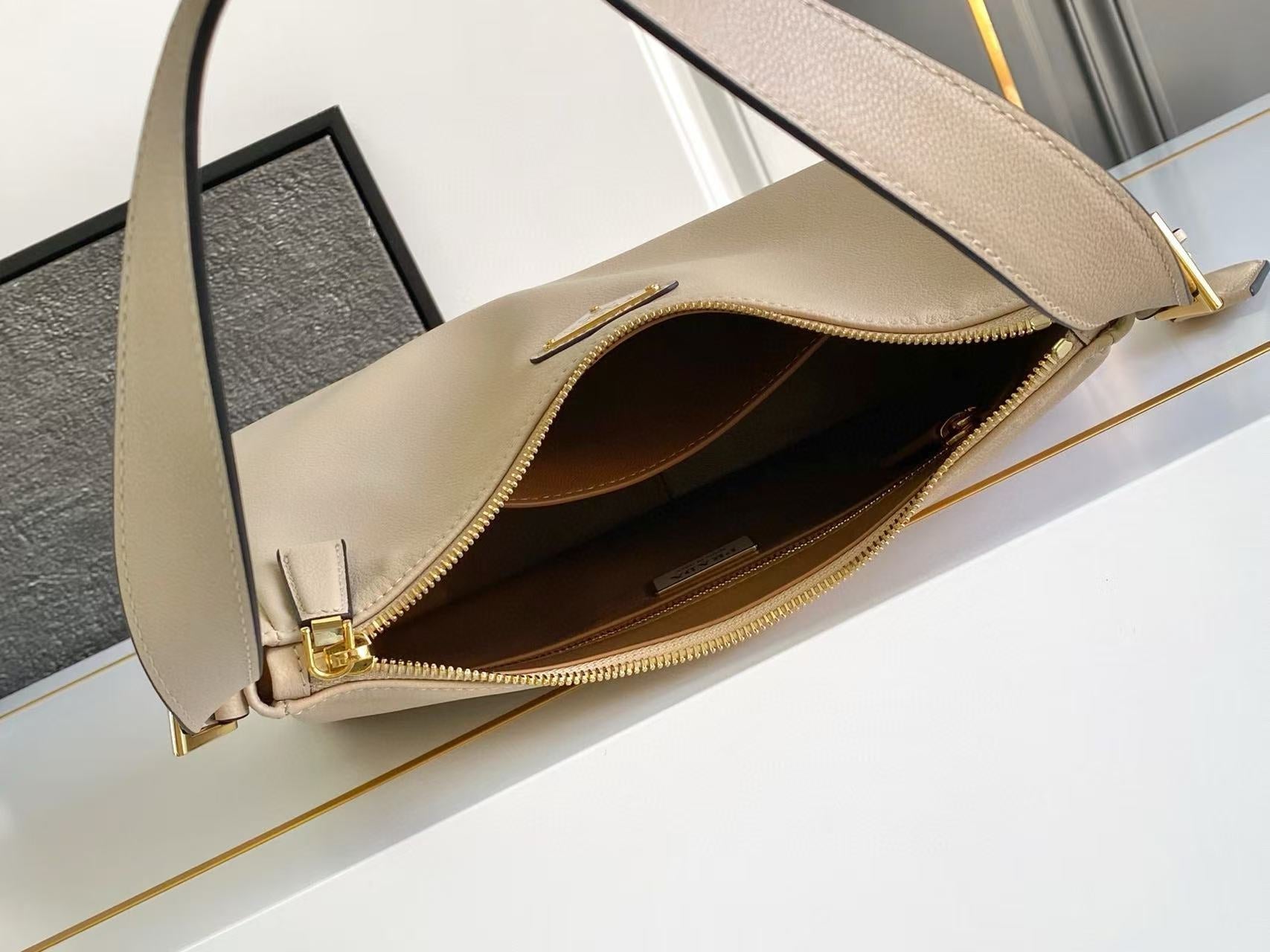 Prada Aimee Underarm Bag 31cm beige Calfskin mysite