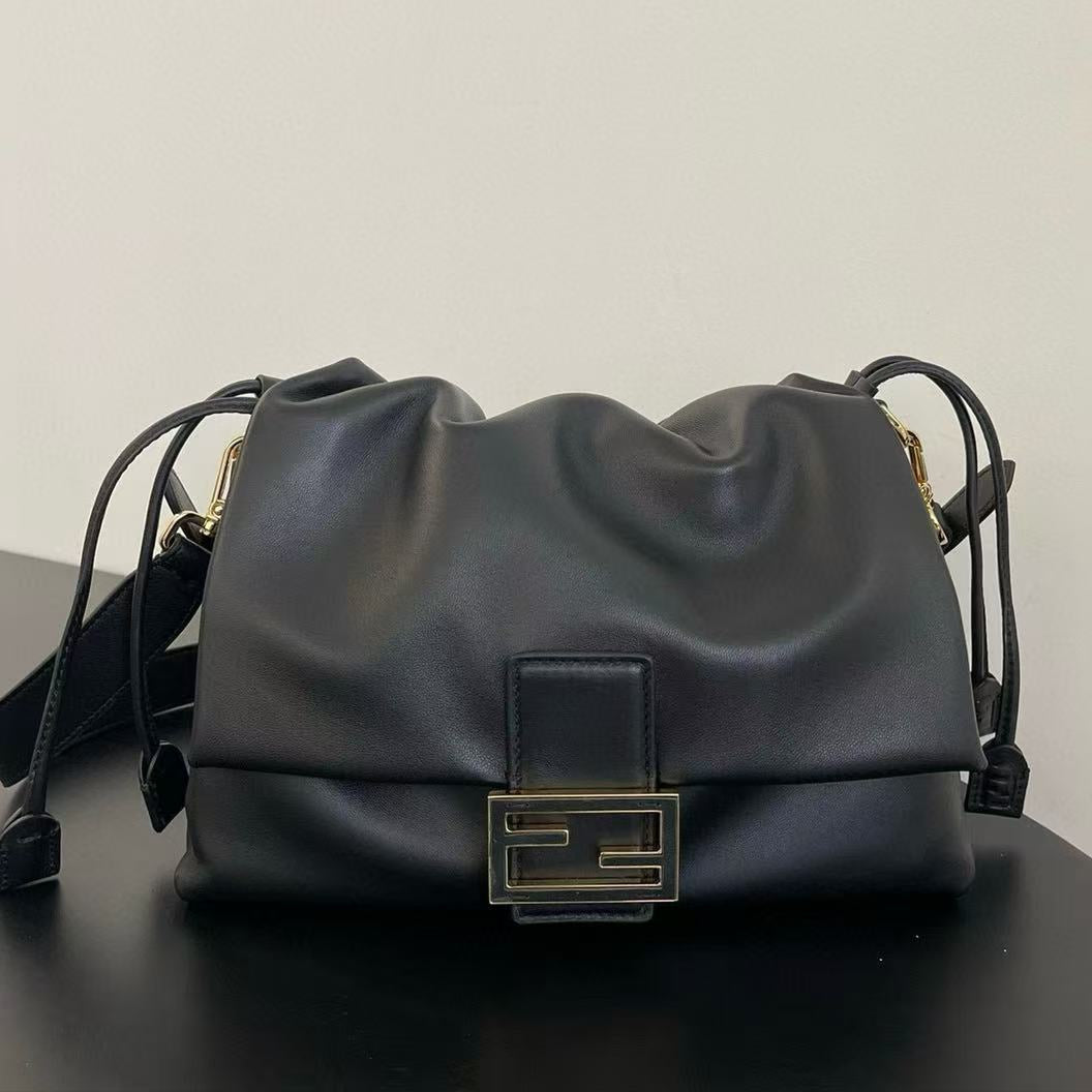 Fendi Mamma Baguette Drawstring Shoulder Bag Black Nappa Leather mysite