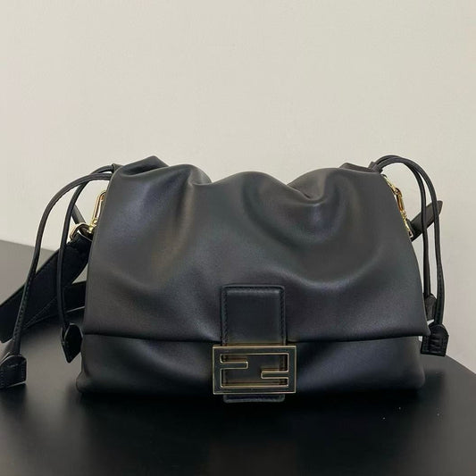 Fendi Mamma Baguette Drawstring Shoulder Bag Black Nappa Leather mysite