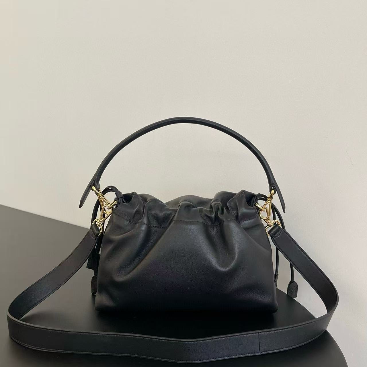 Fendi Mamma Baguette Drawstring Shoulder Bag Black Nappa Leather mysite
