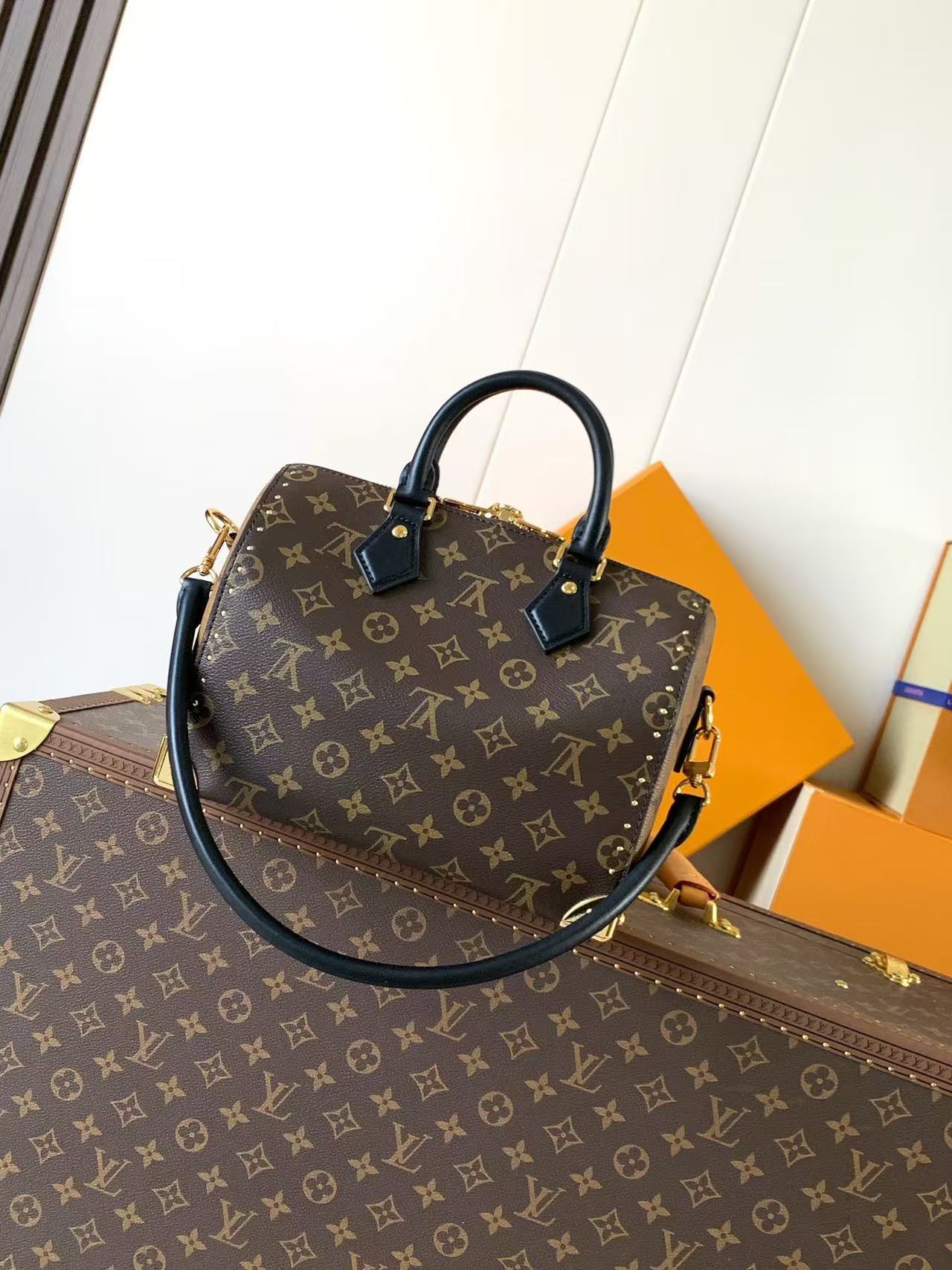 LV Speedy Trunk Bag 20cm Black Brown Cowhide Canvas mysite