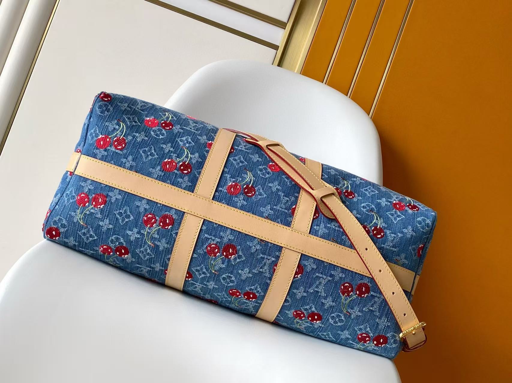LV x TM Keepall Bandoulière 45cm Bag Blue Red Beige Denim Fabric Cowhide mysite