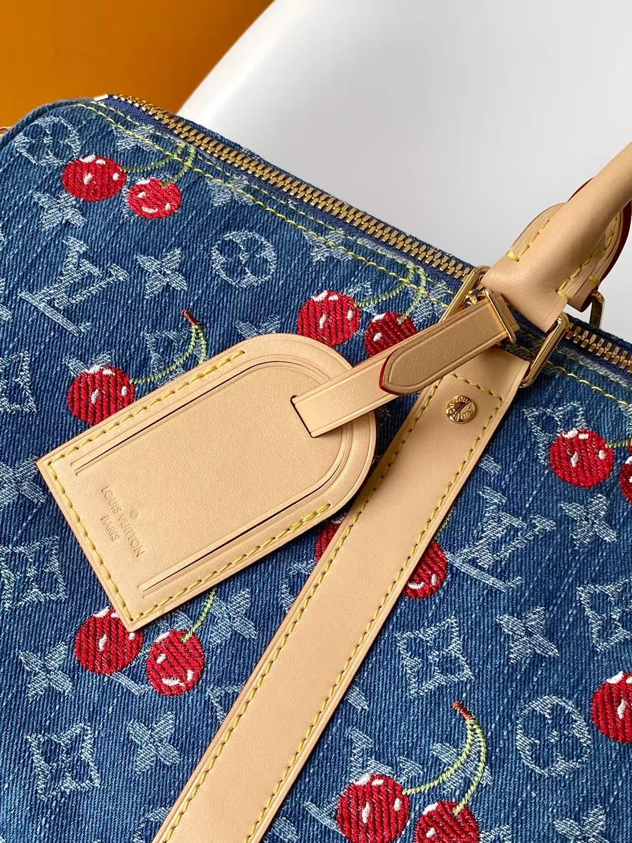 LV x TM Keepall Bandoulière 45cm Bag Blue Red Beige Denim Fabric Cowhide mysite