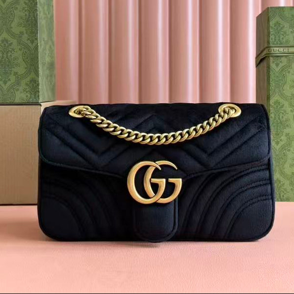 GG 2025 Marmont 26cm Bag Black Gold Velvet Leather mysite