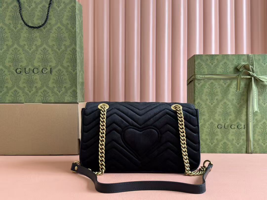 GG 2025 Marmont 26cm Bag Black Gold Velvet Leather mysite