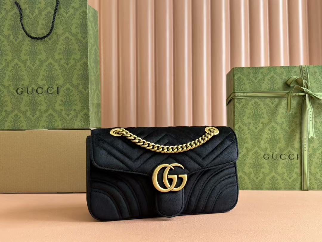 GG 2025 Marmont 26cm Bag Black Gold Velvet Leather mysite