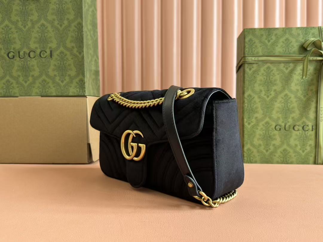 GG 2025 Marmont 26cm Bag Black Gold Velvet Leather mysite
