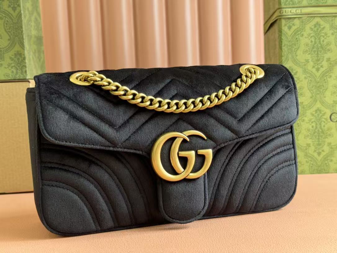 GG 2025 Marmont 26cm Bag Black Gold Velvet Leather mysite