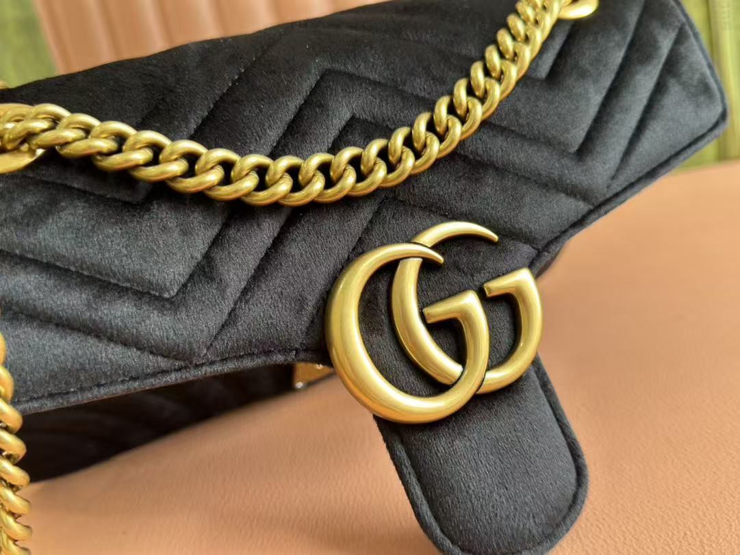 GG 2025 Marmont 26cm Bag Black Gold Velvet Leather mysite