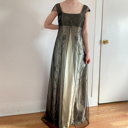 Gold Vintage Fashion Square Neck High Waist Exquisite Floral Beaded Long Short Sleeve Tulle Satin Fairy Regency Ball Gown Prom Dress Evening Dress Birthday Party Dress gh3961s mysite