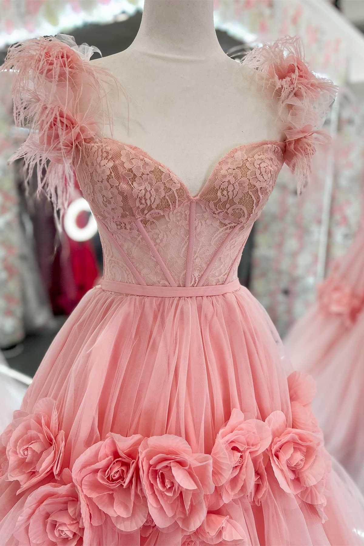 Pink Feather Lace Sweetheart Ball Gown Prom Dress with 3D Floral Lace P1177s mysite